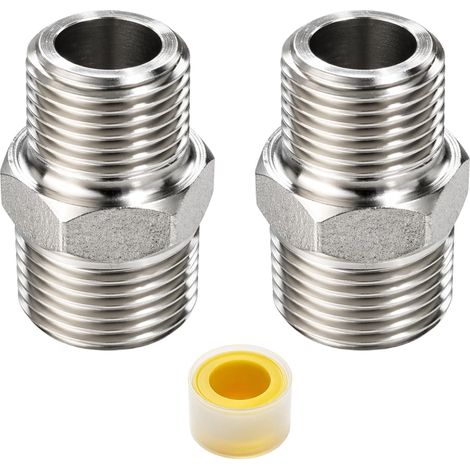 2 pièces Raccord double mamelon réducteur en acier inoxydable 1/2" filetage mâle vers 3/8" filetage mâle, adaptateur fileté pour tuyaux et flexibles (1/5)