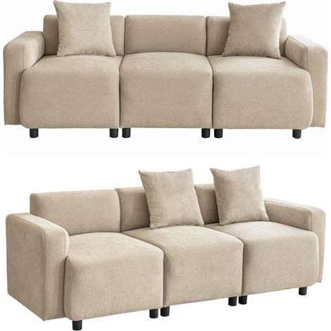Canapé 3 places moderne rembourré avec coussins décoratifs, sofa confortable pour salon ou chambre (beige)