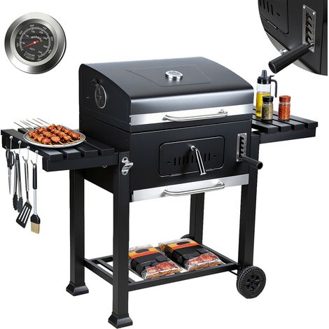 Wolketon Holzkohlegrill, Gartengrill mit 2 Rädern und Temperaturanzeige, Kohlegrill mit zwei klappbaren Seitenablagen
