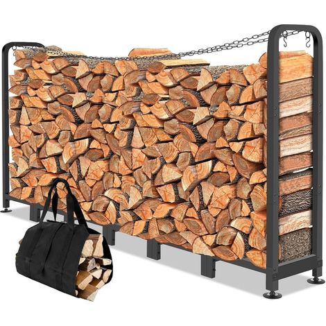 Range Bûches Extérieur Ajustable en Métal, 235x32x116cm, Capacité 1134 kg, Support Bûches Antirouille avec Sac et Chaînes de Sécurité, Rangement Bois pour Jardin/Garage (1/5)