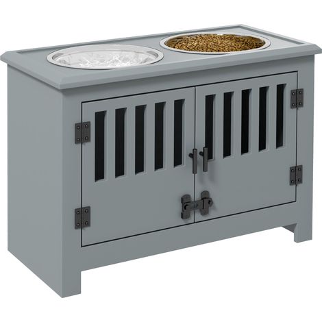 Station d'alimentation surélevée pour grands chiens, 2 gamelles en acier inoxydable, espace de rangement, 35,5 x 60 x 30 cm, grise