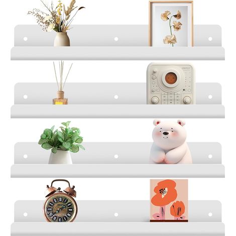 Juego de 4 estantes de pared acrílicos, blancos, no requieren perforación, estantes flotantes de 30 cm con tornillos, para baño, sala de estar, dormitorio, biblioteca, decoración. (1/5)