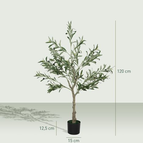Olivier artificiel décoratif, 120 cm, avec 450 feuilles et 20 olives en pot pour l'intérieur, vert (1/5)