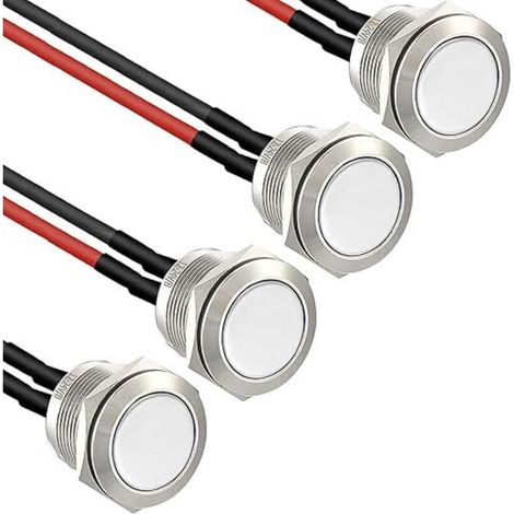 4× 16mm Momentané Bouton-Poussoir Étanche en Acier Inoxydable Bouton-Poussoir, boutons de sonnette 12V 2A 250V， pour voiture, PC, lampe de table（ Ronds） (Tête plane)（précâblé）