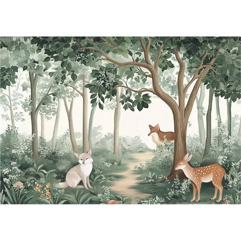 Papier peint enfant forêt animaux arbres chevreuils intissé 400x280 cm mural chambre enfant (1/5)