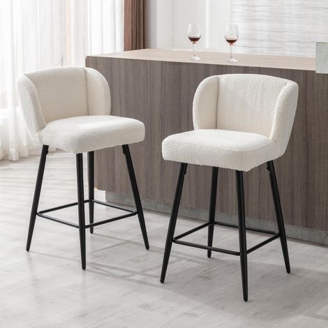 Barhocker 2er Set mit Kunstfell, geschwungener Rückenlehne und Metallfüßen, Weiß (1/5)