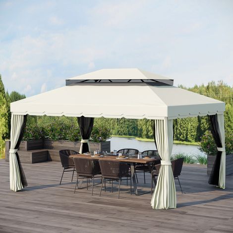 Tonnelle de jardin 4x3m avec moustiquaire. Auvent et double-toit en aluminium et polyester. Couleur crème. (1/5)