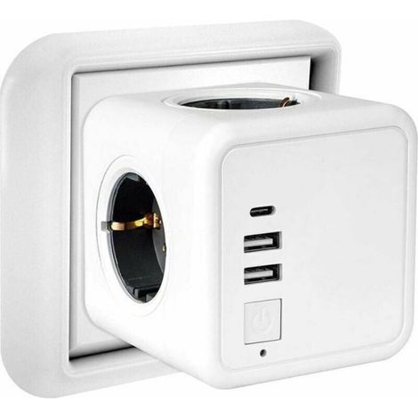 Multiprise Murale - Cube 4 Prises 2 USB 1 Type C - 76x76x76 mm - 3680 W - 1 Pièce (1/4)