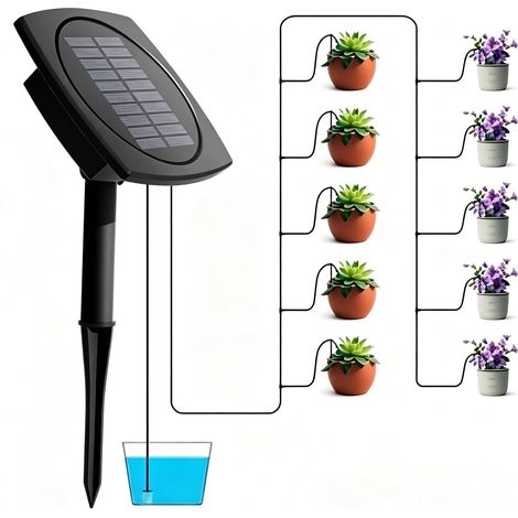 Système d'irrigation solaire automatique pour jardin, balcon, avec 12 modes, tuyau de 15 m et clapet anti-retour, arrosage goutte à goutte solaire pour jardin, balcon, serre, plate-bande surélevée (1/5)