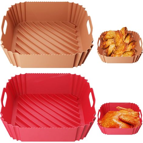 Pot en silicone pour friteuse à air 2 packs, revêtement réutilisable pour friteuse à air, accessoires de four pour friteuse à air.(22CM square,Rouge, brun) (1/5)