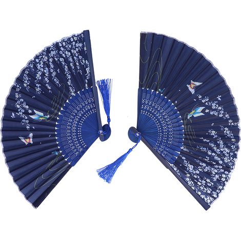 Éventail pliant bleu pour danse en groupe, petit papillon et fleurs de cerisier, décoration et cadeau (1/5)