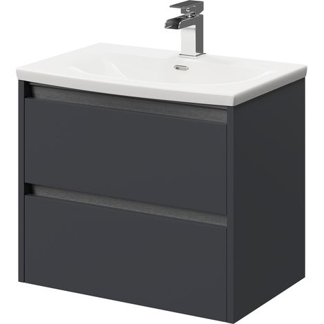 City Gloss Grey 600mm Wall Mounted 2 Drawer Vanity Unit and Curved Basin with 1 Tap Hole (1/5)