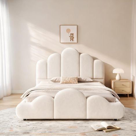 Cadre de lit beige en velours 216 x 151 x 88 cm (1/5)