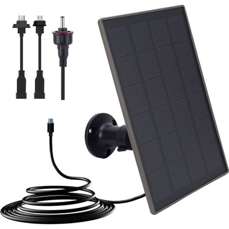 Panneau solaire 6000 mAh pour caméra de sécurité, batterie intégrée 3 W, ports micro USB 5 V, USB-C et DC 3,5 mm, compatible avec les caméras autoportantes et les caméras d'extérieur-Crezuo