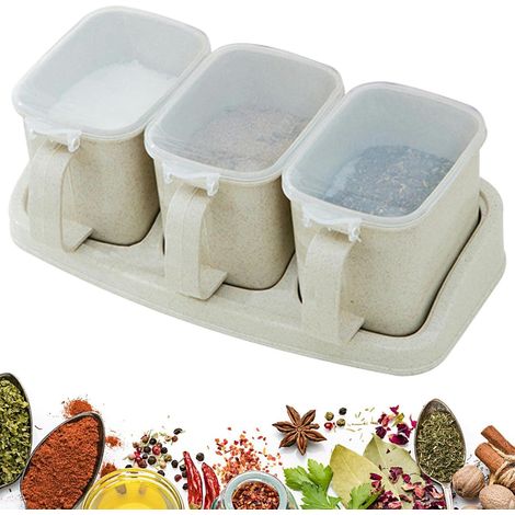 Boîte à épices pour la cuisine Boîte de rangement à trois compartiments pour pots à épices - Boîte de rangement de cuisine avec poignée incurvée pour épices, sel, aromates (1/5)