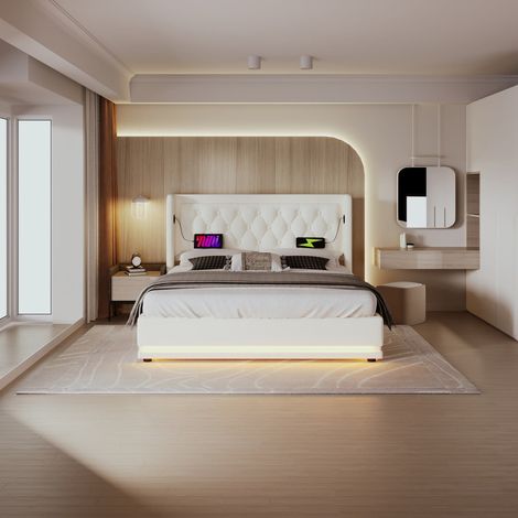 Lit coffre double 160x200 cm  en similicuir blanc avec tête de lit capitonnée, led 3 côtés et port usb type-c (sans matelas) (1/5)