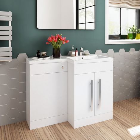 ELEGANT 1100 Bathroom Vanity Units with Basin L Shape Right Hand High Gloss White Vanity Sink Units + Vitreous Resin Basin + Concealed Cisterm, Ensuit Furniture Under Sink Cabinet (1/5)