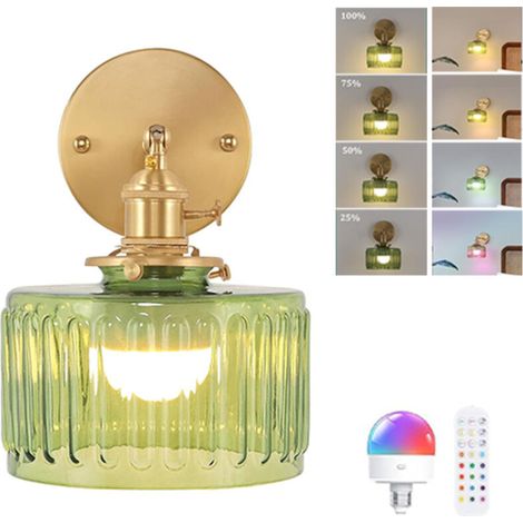 Applique murale rétro avec abat-jour en verre rayé, RVB, rechargeable, éclairage de salle de bain LED, angle réglable, avec télécommande. (1/5)