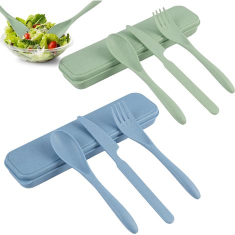 Lot de 2 Sets de Couverts de Voyage en Plastique, Couverts Camping avec Fourchette, Couteau, Cuillère, Boîte de Rangement Portable, Couverts Réutilisables pour Pique-Nique, Bureau, École - Bleu & Vert (1/5)