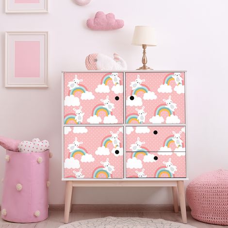 Sticker meuble pour enfant lapins et arcs-en-ciel magiques 40 x 60 cm (1/5)
