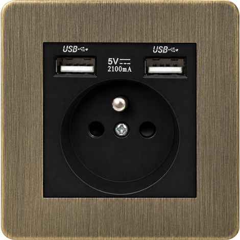 Prise française double USB type 86 9,5 × 9,5 × 4,8 cm panneau acier inoxydable bronze brossé rétro – Livraison gratuite (1/5)