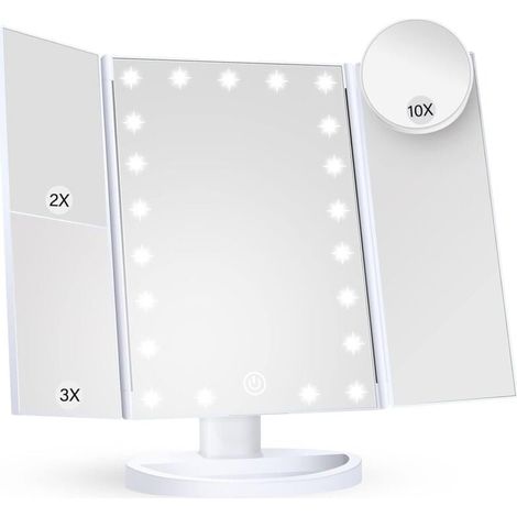 Specchio per il trucco con luce, ingrandimento 2X, 3X, 10X, controllo touch, pieghevole, bianco, stile moderno, montaggio su cassettiera, bagno (1/4)