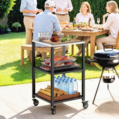 Chariot de barbecue 3 niveaux, table grill roulante avec plan de travail en inox, desserte mobile 50x50x90 cm, noir (1/5)