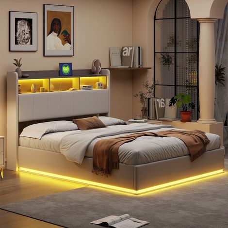 Cama 140x190 cm, con LED réglabel, ports USB, cabecero de rangement, terciopelo, système de almacenamiento hidráulico, somier de láminas, cama dobel capitoné - Blanco