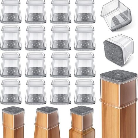 16 embouts carrés en silicone pour pieds de chaise, protecteurs de sol transparents en silicone pour parquets et carrelages, embouts de pieds de chaise avec patins en feutre, L (32-40 mm) (1/5)