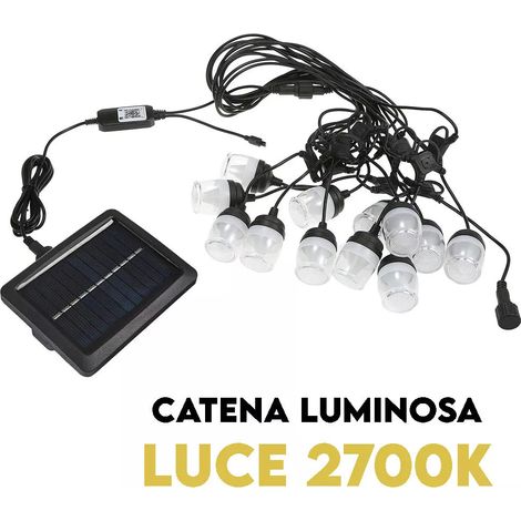 Catena di Luci Solari da Esterno, 12 Lampadine 12m, IP65, Luce Calda 2700K