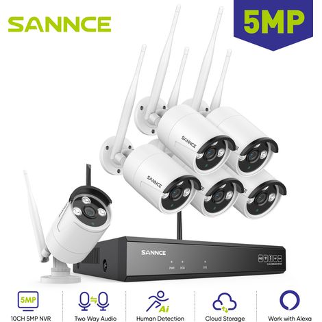 SANNCE Kit di videosorveglianza 5MP WiFi 6Telecamere Citofono Bidirezionale Monitoraggio Remoto Sistema di Sicurezza Videosorveglianza senza fili - 0TB HDD