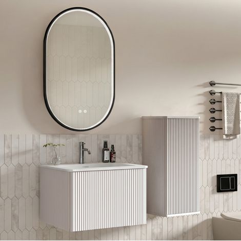 Hängendes Badmöbel-Set 60 cm mit Waschbecken, Seitenschrank und LED-Spiegel, Weiß (1/5)