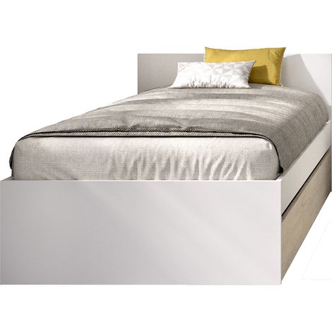 Lit adulte couchage 90X190 coloris chêne naturel, blanc avec 1 tiroir - Longueur 194 x Profondeur 95 x Hauteur 67 cm (1/4)