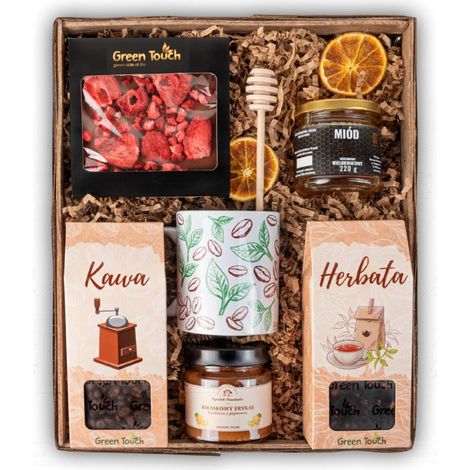 Geschenkkorb-Set mit Tee, Kaffee, Süßigkeiten und Tasse (1/5)