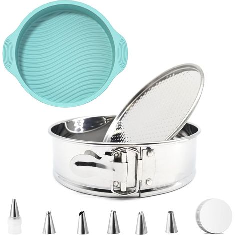 Juego de moldes redondos para tartas, diámetro 18 cm, con revestimiento de silicona, antigoteo, de acero inoxidable, con fondo desmontable, para tartas, tartas de queso, magdalenas. (1/5)