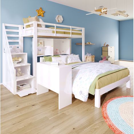 Bett Etagenbett 90x200 + 140x200 cm modern aus Massivholz und MDF Weiß, mit Stauraumtreppe, Regal und beweglichem Tisch (1/5)