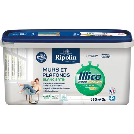 Peinture Murs et  Plafonds - Blanc - Satin - 3L - ILLICO - RIPOLIN