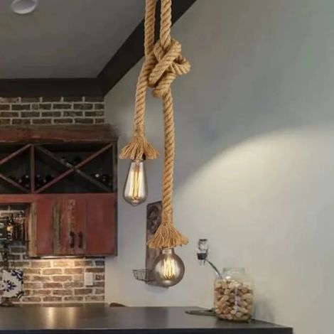 Lustre suspension rétro double tête E27, corde de chanvre, lampe pendante industrielle réglable pour salon, bar ou espace créatif DIY (1/4)