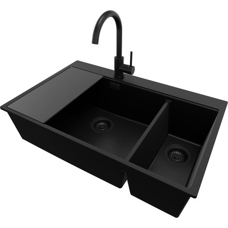 PRIMAGRAN Evier Cuisine en Granit 78x50cm, Lavabo 2 bacs + Robinet 32x20cm + Kit de Vidage + Accessoire, Évier à Encastrer au meuble 80cm - Oslo Duo, Tout Noir (1/5)