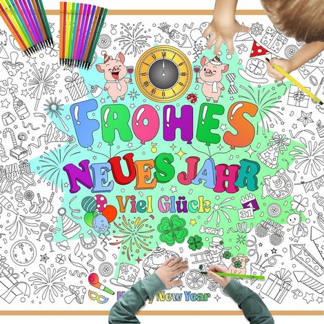 Ausmalposter Neujahr mit Stiften für Kinder, bemalbare Tischdecke Glücksbringer