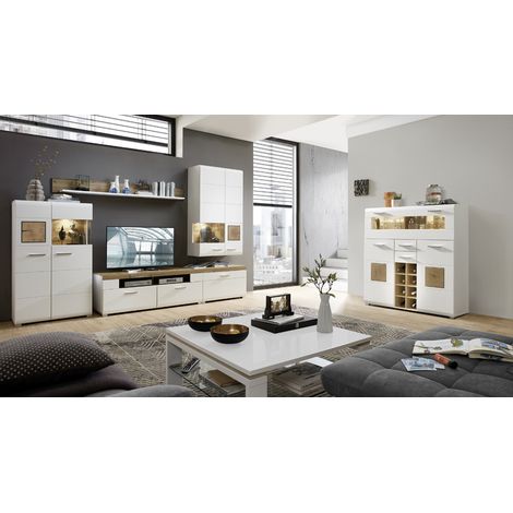 Wohnwand weiß mit Barschrank FARO-36 Set Eiche Nb. inkl. LED, B/H/T: ca. 315/205/47 cm (1/5)