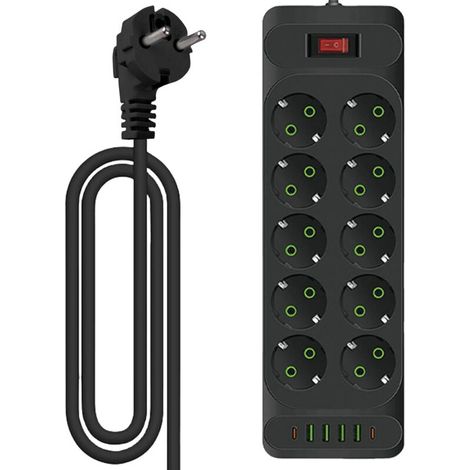 Multiprise à 10 prises : multiprise avec 4 ports de charge USB + 2 ports de type C. prise de distribution murale. multiprise avec interrupteur. bande d'alimentation 10 prises avec câble de 2 m pour le (1/5)