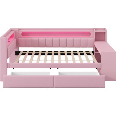 Polster-Tagesbett 90x200 cm Rosa mit USB, LED, Schreibtisch und 2 Schubladen (1/5)
