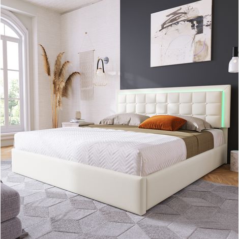 Cama tapizada 180x200 cm con arcón y LED, polipiel blanca, somier de láminas, cabecero acolchado (1/5)