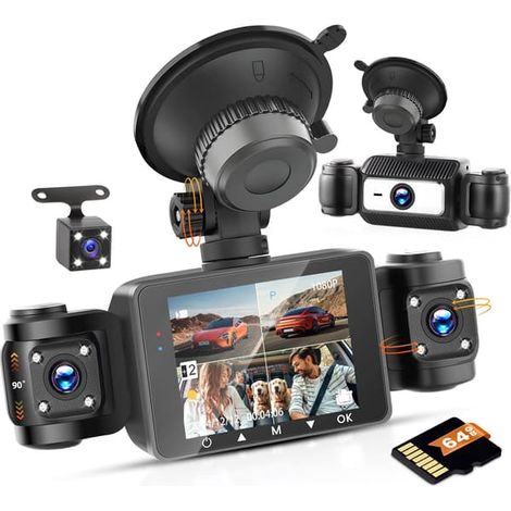 Caméra embarquée 360°, 4 caméras, Full HD 1080p, carte mémoire 64 Go incluse, vision nocturne, accéléromètre, détecteur de mouvement, écran IPS 3 pouces (1/5)