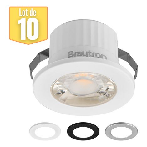 Lot de 10 mini spots LED ronds 3W 6500K – 3 couleurs – IP54 pour pièces humides – Installation rapide avec ressorts de fixation – Braytron (1/5)