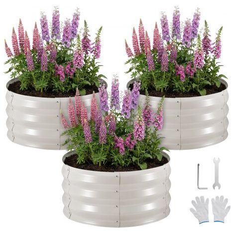 Hochbeet Metall 3er-Pack φ60x30 cm, Rundes Gartenbeet, Pflanzkasten-Set für den Außenbereich, Gemüsebeet mit Handschuhen, Blumenbeet Bodenlos, Pflanzbeet für Blumen, Kräuter & Gemüse, Beige (1/5)