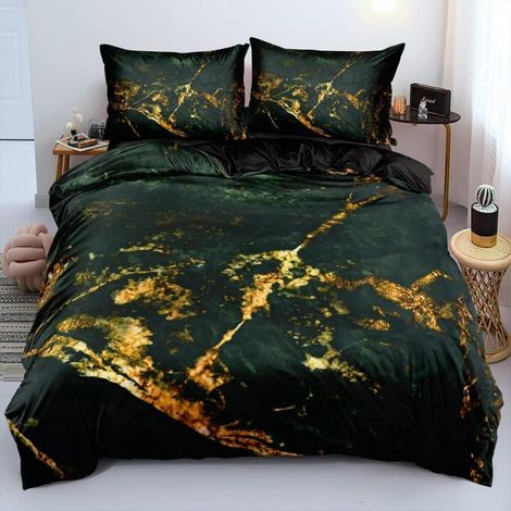 Bettwäsche-Set 220x240 cm 3tlg Marmor Grün Gold Mikrofaser 3D Druck