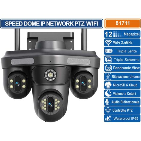 TELECAMERA SPEED DOME PTZ IP NETWORK 12MP CON TRE LENTI TRE SCHERMI ANALISI INTELLIGENTE AUDIO BIDIREZIONALEIP65 (1/3)
