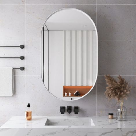 Miroir ovale mural avec armoire murale à cadre métallique, étagères réglables, rangement intégré pour salle de bain, salon et chambre, miroir Décoratif, blanc